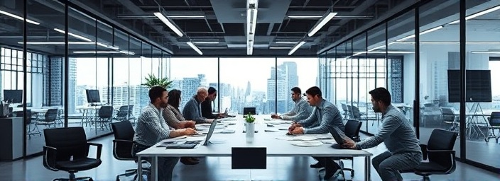 efficient Hartford workspace, collaborative, brainstorming session, photorealistic, open floor plan with glass partitions and a city view, highly detailed, papers scattered across the table, ultra HD, cool monochrome palette, overhead LED lights, shot with a wide-angle lens.