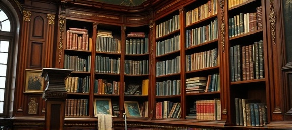 ornate bookshelf, full of history, carefully being refinished, photorealistic, quaint library with books stacked in piles, highly detailed, soft grit of polish rag, deep contrast, mahogany with brass accents, diffused natural lighting, shot with a 35mm lens