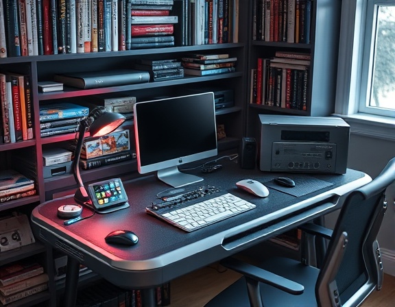 stylish desk setup, futuristic, housing multiple gadgets, photorealistic, personal home office surrounded by books, highly detailed, blinking LED lights, ultra-HD quality, metallic gray, soft shadow lighting, shot with a 35mm lens.