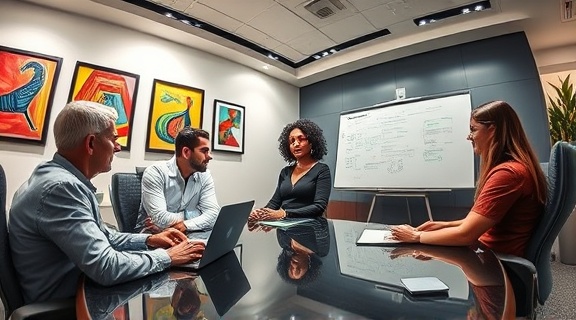 collaborative consultation, attentive, exchanging ideas across the desk, photorealistic, professional office with colorful art pieces and sleek devices, highly detailed, digital whiteboard actively used, ultra HD, vivid contrasts, soft spotlighting from the ceiling, shot with a fish-eye lens.