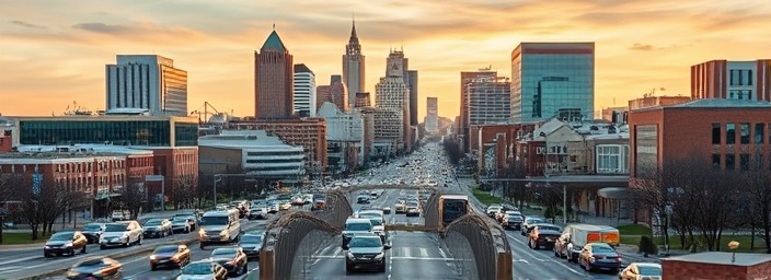 busy city of Hartford, bustling, commutes, photorealistic, skyline with modern and historical buildings, highly detailed, cars and people moving, long exposure, diverse color palette, golden hour lighting, shot with a 135mm telephoto lens.