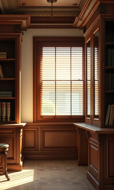 classic wooden office cabinets, elegant, opening, photorealistic, vintage-style office with warm wood finishes, highly detailed, sunlight filtering through blinds, detailed bokeh, dark walnut color, natural daylight, shot with a 35mm prime lens.