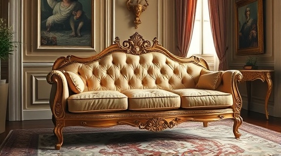 elegant French sofa, poised elegance, in the process of being upholstered, photorealistic, lavish setting with ornate decor, highly detailed, fabric drapes being tailored, smooth bokeh effect, royal velvet, soft spotlight, shot with an 85mm portrait lens