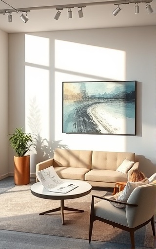 elegant office decor, relaxed, reviewing floor plans, photorealistic, Hartford workspace featuring abstract art and minimalist furniture, highly detailed, sunlight casting shadows on the wall, 10k resolution, pastel and neutral tones, ambient track lighting, shot with a macro lens.