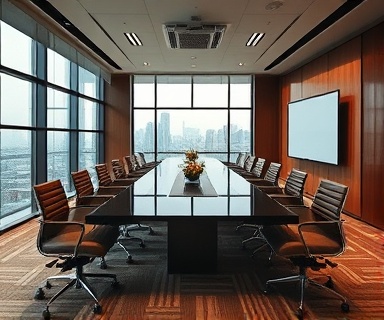 stylish conference furniture, sophisticated, set around a boardroom, photorealistic, high-rise building overlooking the city, highly detailed, smart screens and whiteboards, dynamic angle, earthy tones, diffused daylight, shot with a 24-70mm lens.