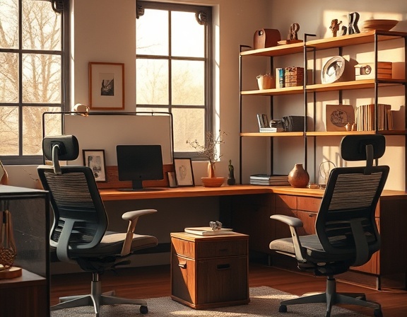 stylish setup design, contemplative, arranging decorative items, photorealistic, cozy Hartford workspace with ergonomic chairs and wooden shelves, highly detailed, dust motes floating in the sunlight, 8k resolution, earthy hues, soft indoor lighting accents, shot with a 35mm lens.