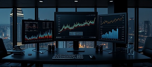 innovative desk setup, state-of-the-art, displaying statistical graphs, photorealistic, tech company office with cityscape backdrop, highly detailed, screens flickering subtly, 12k resolution, matte black, spotlight from above, shot with a 40mm lens.