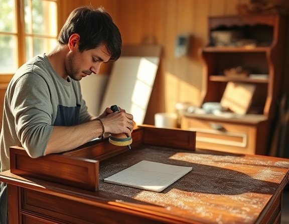 antique writing desk, showcasing craftsman's concentration, undergoing meticulous refinishing process, photorealistic, sun-drenched room with dust particles visible, highly detailed, gentle strokes of sandpaper, technical emphasis on texture, rich mahogany, golden hour lighting, shot with a macro lens