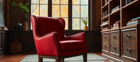 chair Hartford, inviting, slightly reclined, photorealistic, sophisticated workspace with wooden shelves, highly detailed, leaves rustling outside, crisp clarity, deep red, focused spotlighting, shot with an 85mm lens.