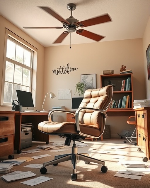 office chair Hartford, comfortable, spinning slowly, photorealistic, sun-drenched office with scattered documents, highly detailed, ceiling fan rotating above, crystal clear, warm beige, natural daylight, shot with a 50mm lens.