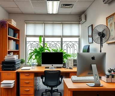organized office workspace, productive, being adjusted for standing, photorealistic, traditional office with potted plants in view, highly detailed, desk fan oscillating, 10k HDR, natural wood, overhead florescent lighting, shot with a 24mm lens.