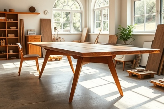 mid-century dining table, revealing artisan's pride, being upcycled into modern elegance, photorealistic, airy studio with sunlight streaming through large windows, highly detailed, vibrant transformation in progress, high dynamic range, teak and maple finishes, natural lighting, shot with a wide-angle lens