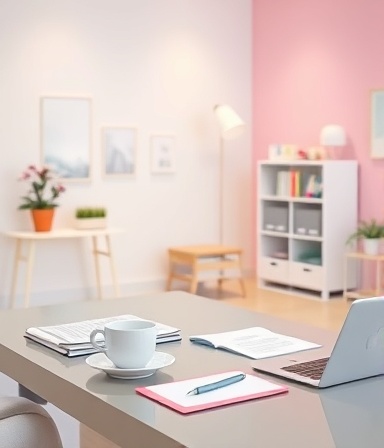 consultation desk setup, inviting, preparing presentation materials, photorealistic, well-organized office with pastel-colored walls and modern decor, highly detailed, coffee cups and stationery in use, 6k resolution, vibrant pastel shades, diffused lamp light, shot with a 85mm lens.