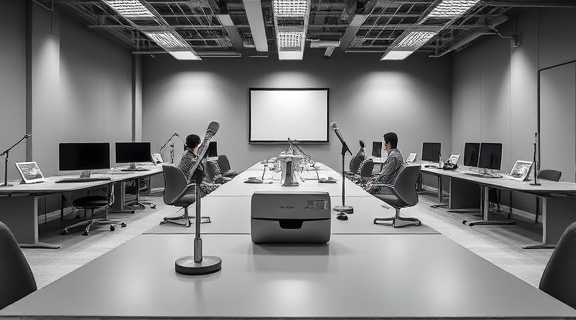 ergonomic furniture Hartford, professional, ready for a presentation, photorealistic, minimalist office with sleek designs, highly detailed, projectors and microphones visible, precise focus, gray and silver palette, spotlight lighting, shot with a 28mm lens.