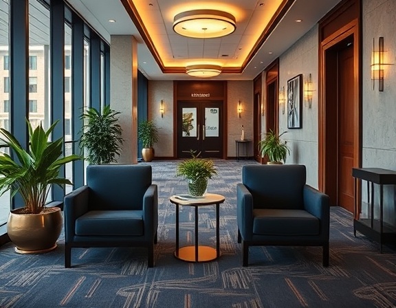 comfortable Hartford chairs, inviting, lined against the wall, photorealistic, modern office lobby with art deco design, highly detailed, plush carpeting and potted plants, crisp image, deep navy and gold hues, overhead lighting, shot with an 85mm lens.