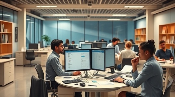 compact workstation design, efficient, hosting a video call, photorealistic, bustling open-plan office with networking group, highly detailed, papers slightly rustling, 4k definition, chrome and ivory, gentle spotlight lighting, shot with a 28mm lens.