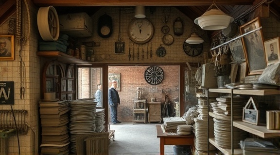 old storage area in Hartford, rustic, preserving, photorealistic, dusty small room filled with vintage items and memorabilia, highly detailed, distant chatter, noise reduction, sepia tones, diffused natural light, shot with a 40mm lens.