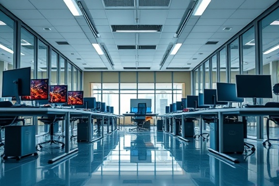 ergonomic Hartford, innovative, tilting forward, photorealistic, open-plan office with tech gadgets, highly detailed, floor reflection seen, impeccable detail, ocean blue, overhead fluorescent lighting, shot with a 24mm lens.