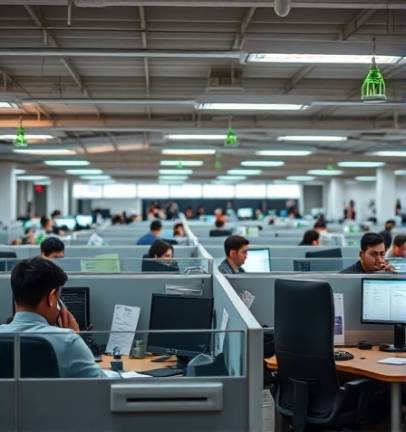 used office cubicle, lively, being occupied by workers, photorealistic, in a bustling open-plan workplace, highly detailed, phones ringing and chatter, 8K resolution, neutral tones, overhead fluorescent lighting, shot with a 24mm lens.