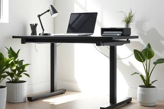 trendy standing desk, motivating, in use by a worker with a laptop, photorealistic, in a sunny corner office, highly detailed, ergonomic adjustments, 8K resolution, sleek black, bright daylight, shot with a wide-angle lens.
