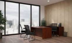 conference room table, commanding, with chairs around it, photorealistic, set for a meeting in a cutting-edge office, highly detailed, laptops and notebooks, 4K resolution, dark walnut, overhead lighting, shot with a 24mm lens.