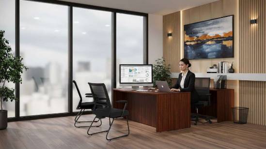 stylish file cabinet, sleek, being opened, photorealistic, next to a designer desk in a chic office, highly detailed, organized documents, 8K resolution, matte black, soft spot lighting, shot with a 35mm lens.